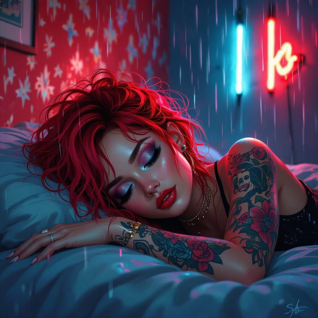 Neon-lit Sassy Lady: A Digital Oil Painting