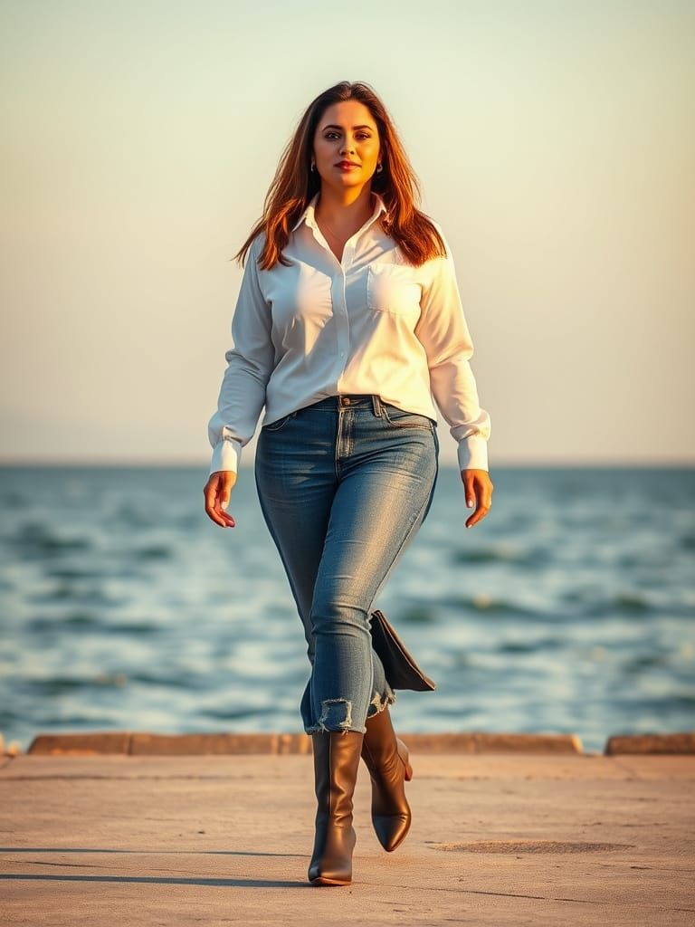 Egyptian Woman Walking on Seashore in Sunlight