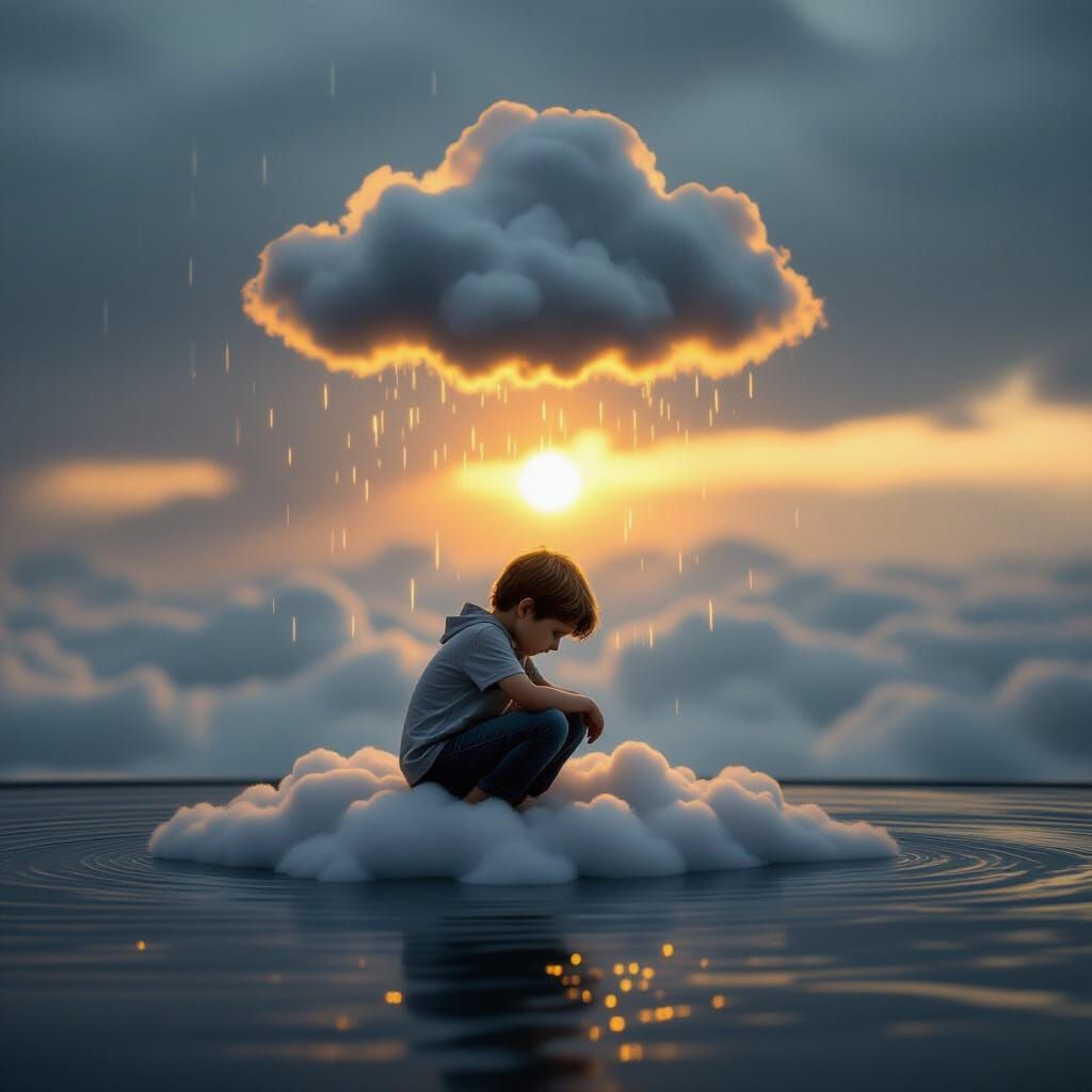 Sad Boy on Cloud Under Soft Rain, Photorealistic