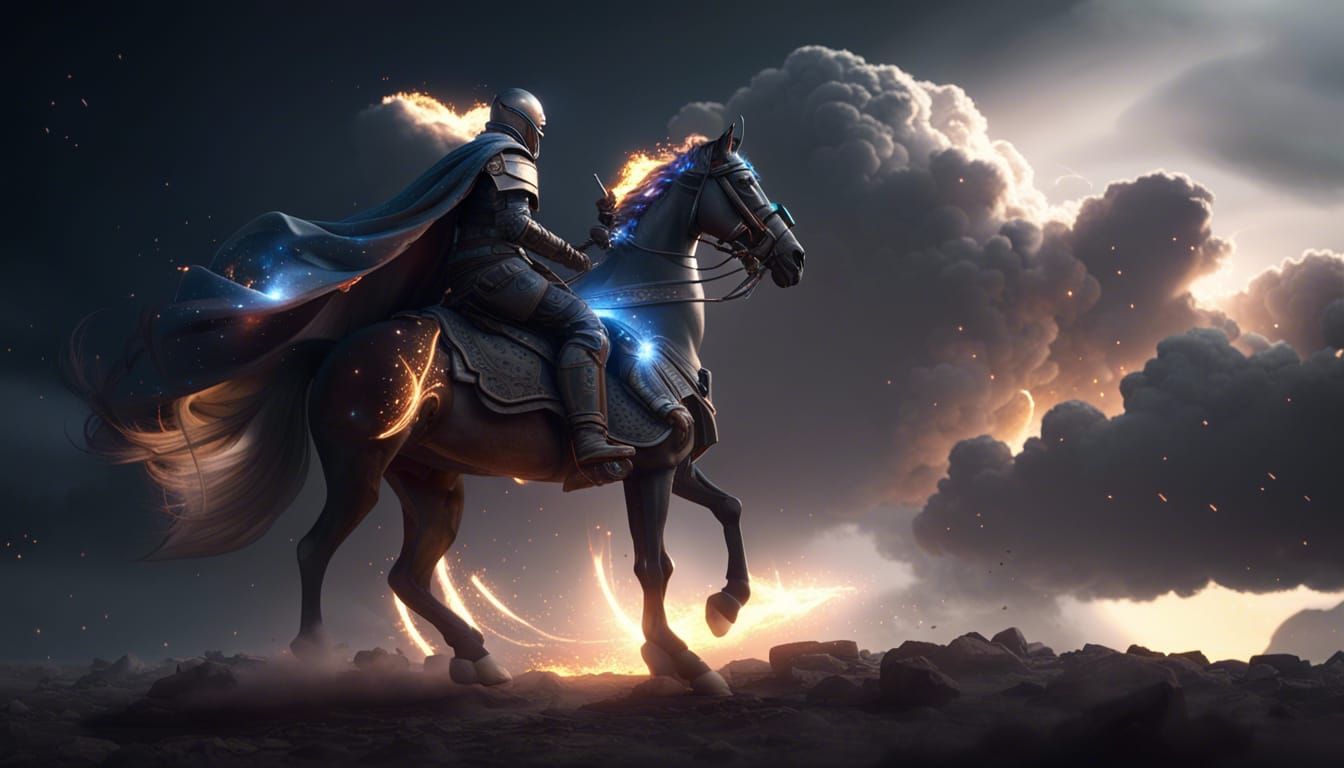 Human paladin under an enchantment riding his horse on the battlefield