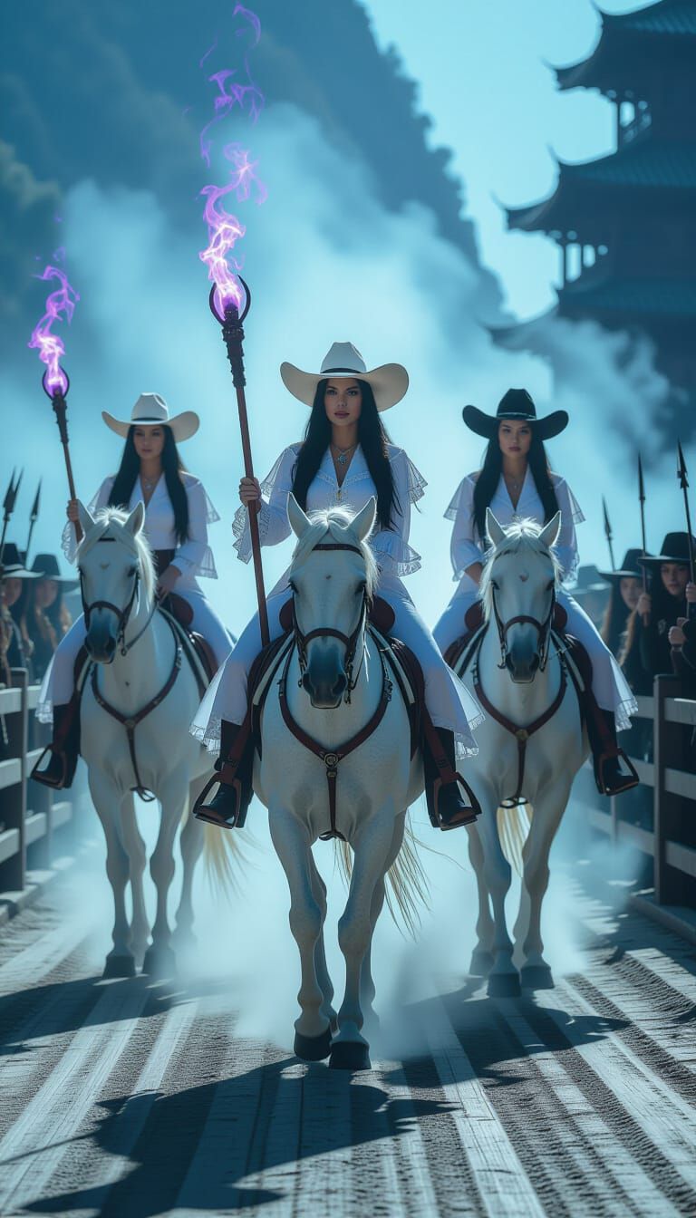Witches Ride White Horses Across Bridge in Western Style