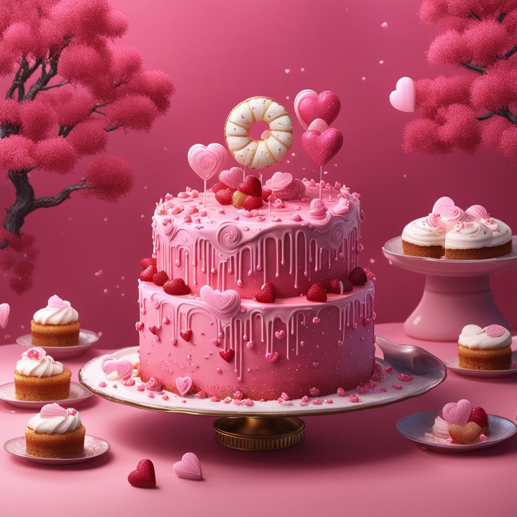 Pink Heart Korean Dessert: Tteok Cake Fantasy Art
