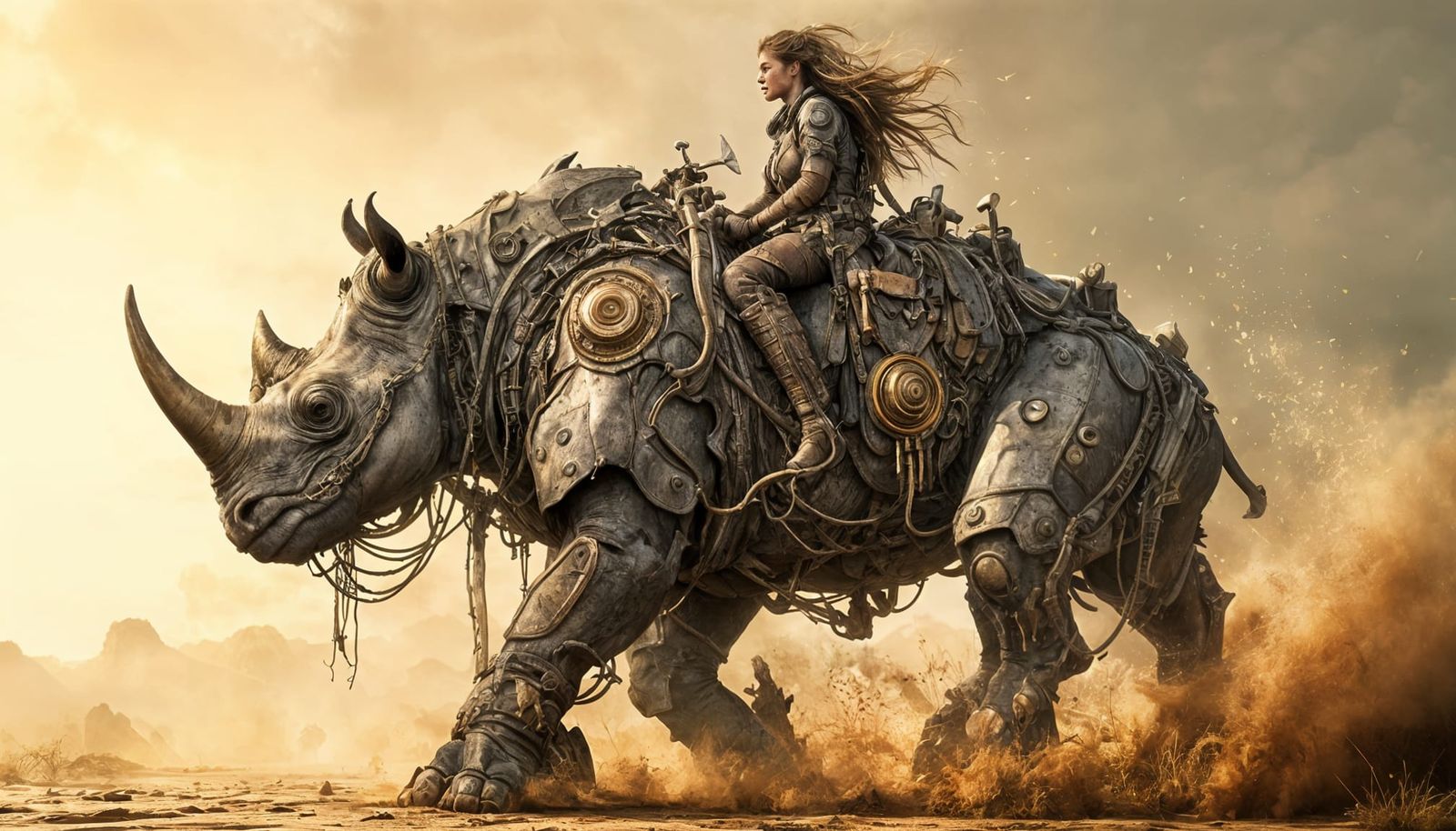 Hunter on Biomechanical Rhino in Hyperrealistic Jungle