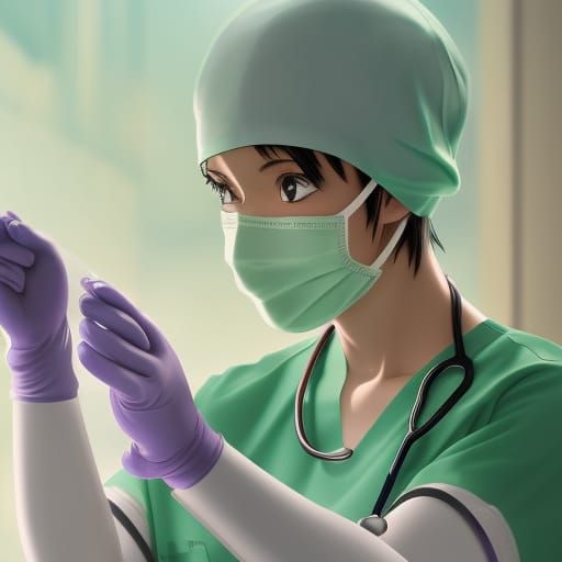Surgical Nurse with Green Eyes in Anime Style