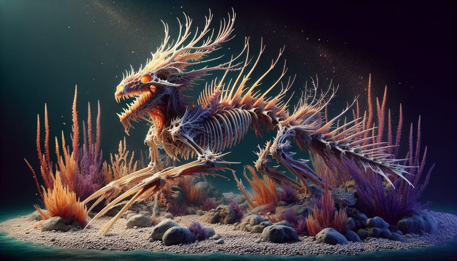 Glowing Mermaid-Alien Skeleton on Coral Reef