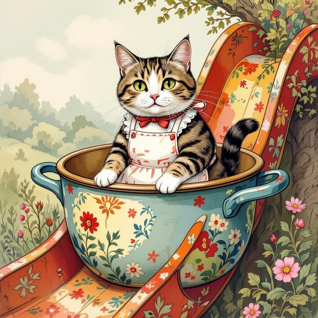 Cat in a Pot Slide in Beatrix Potter Style