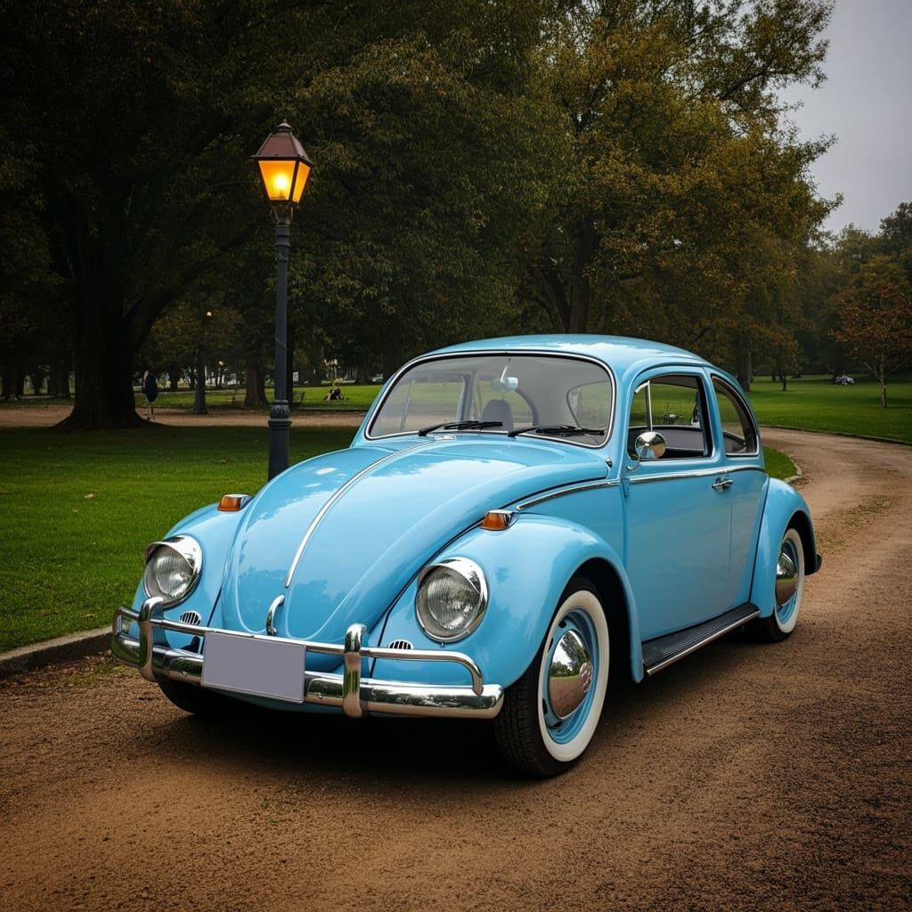 Whimsical Periwinkle VW Beetle Classic in a Dreamlike Park S...