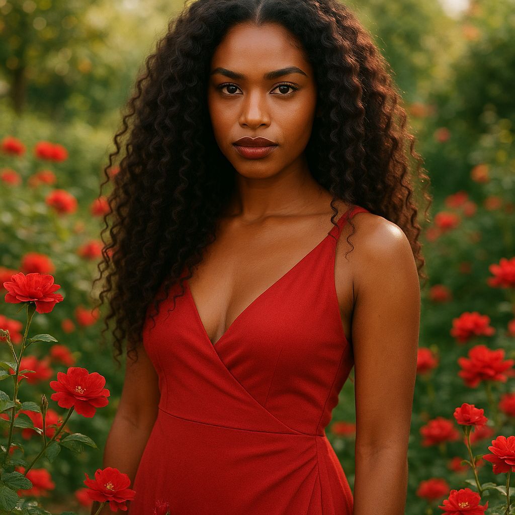 Exotic Woman Stands in Vibrant Red Garden