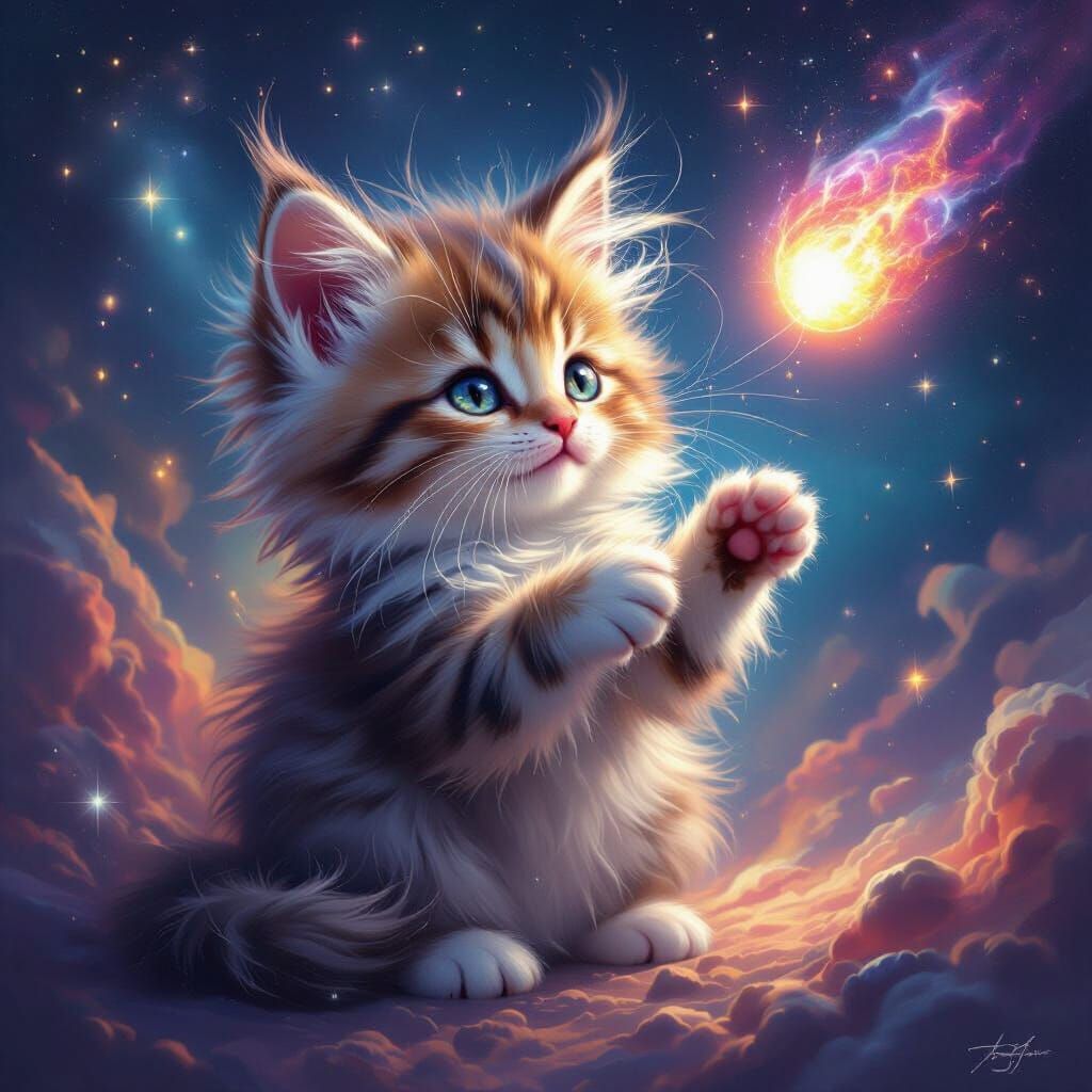 Cosmic Kitten Chasing Comet in Painterly Realism