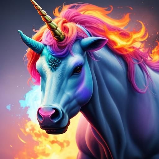 Fiery Unicorn Cow: Hyperrealistic Concept Art