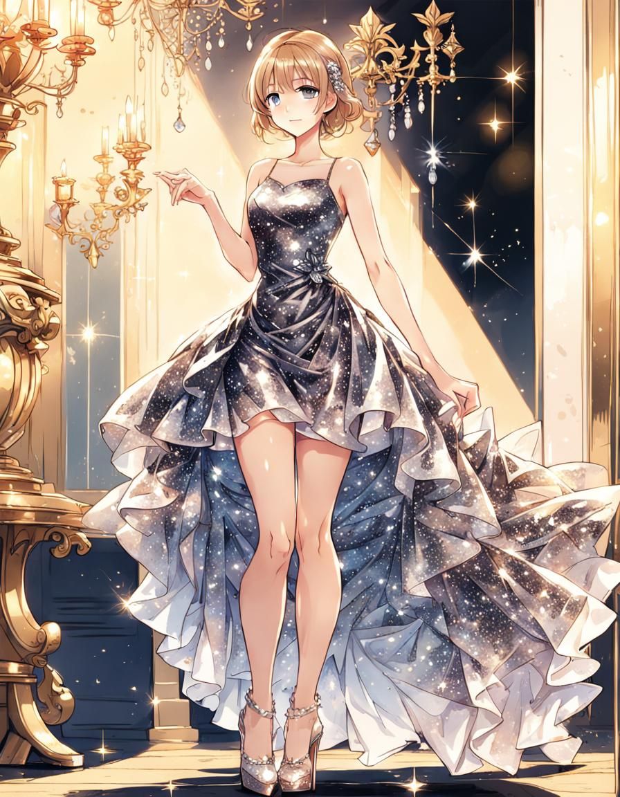 Anime Girl in Sparkling Dress, Manga Style