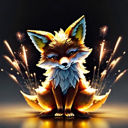 Whimsical Golden Fox in 3D with Fireworks