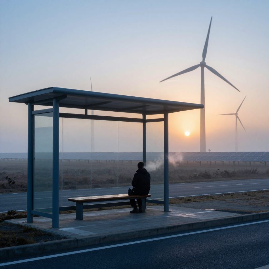 Hyperrealistic Dawn Bus Stop with Wind Turbines and Solar Pa...
