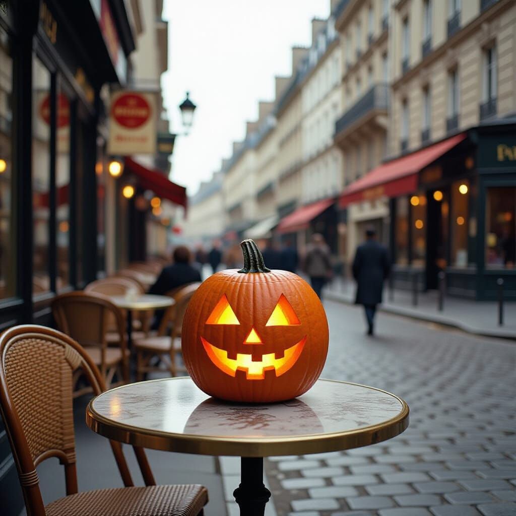 Surreal 1920s Paris Scene with Glowing Jack-o'-lantern
