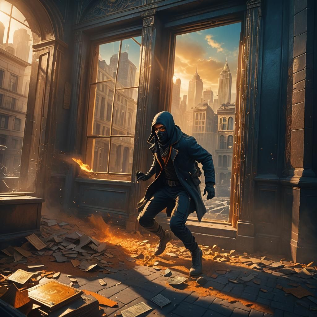 Thief Escapes Bank Heist in Dramatic Matte Painting