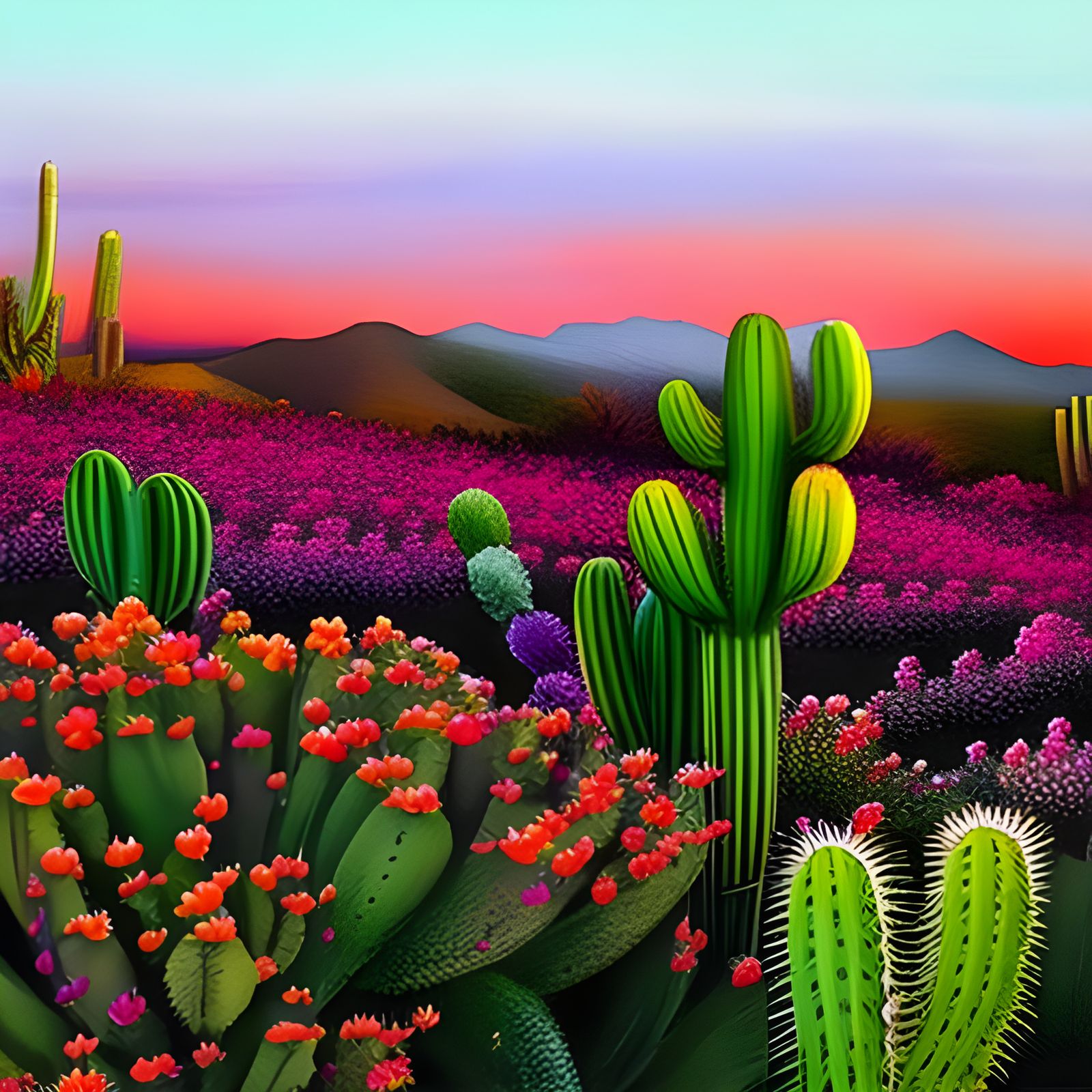 Colorful Desert Cactus Field Sunset: Watercolor Art