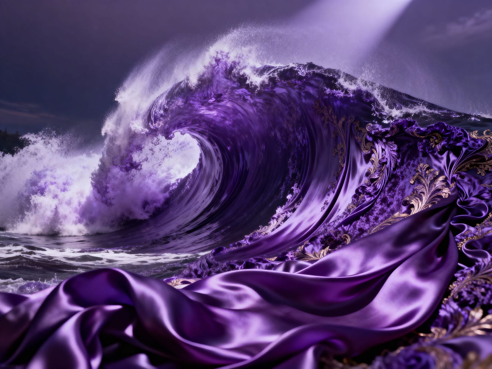 Surreal Tsunami of Purple Silk in Baroque Style