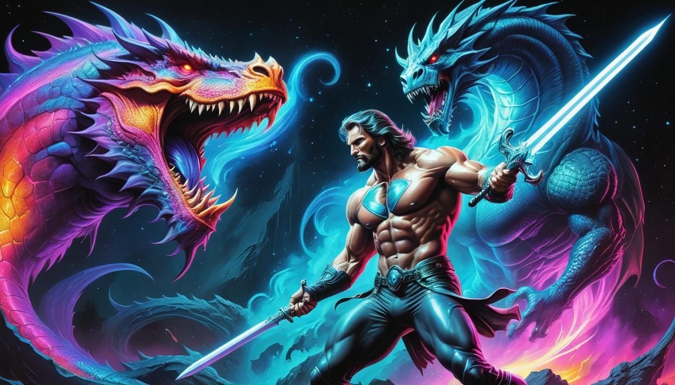 Fantasy Warrior Dragon Fight in Black Light Style
