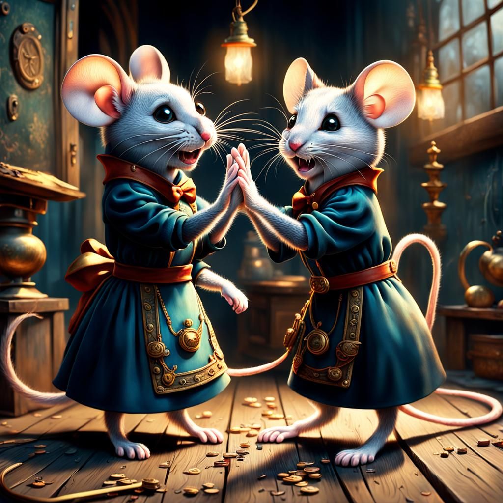 Mice High-Five Over Cat Tail, Digital Matte Painting