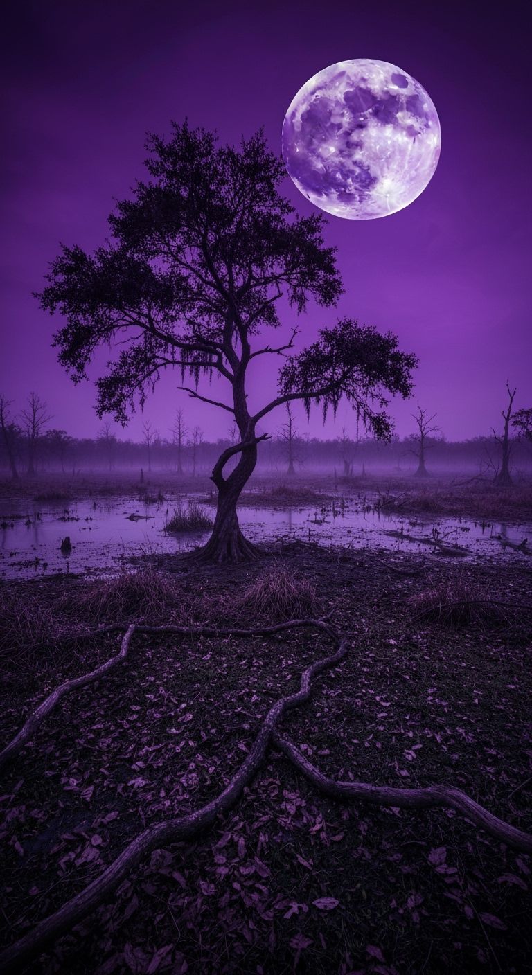 Eerie Swamp Figure Under Purple Moon, Mystical Art