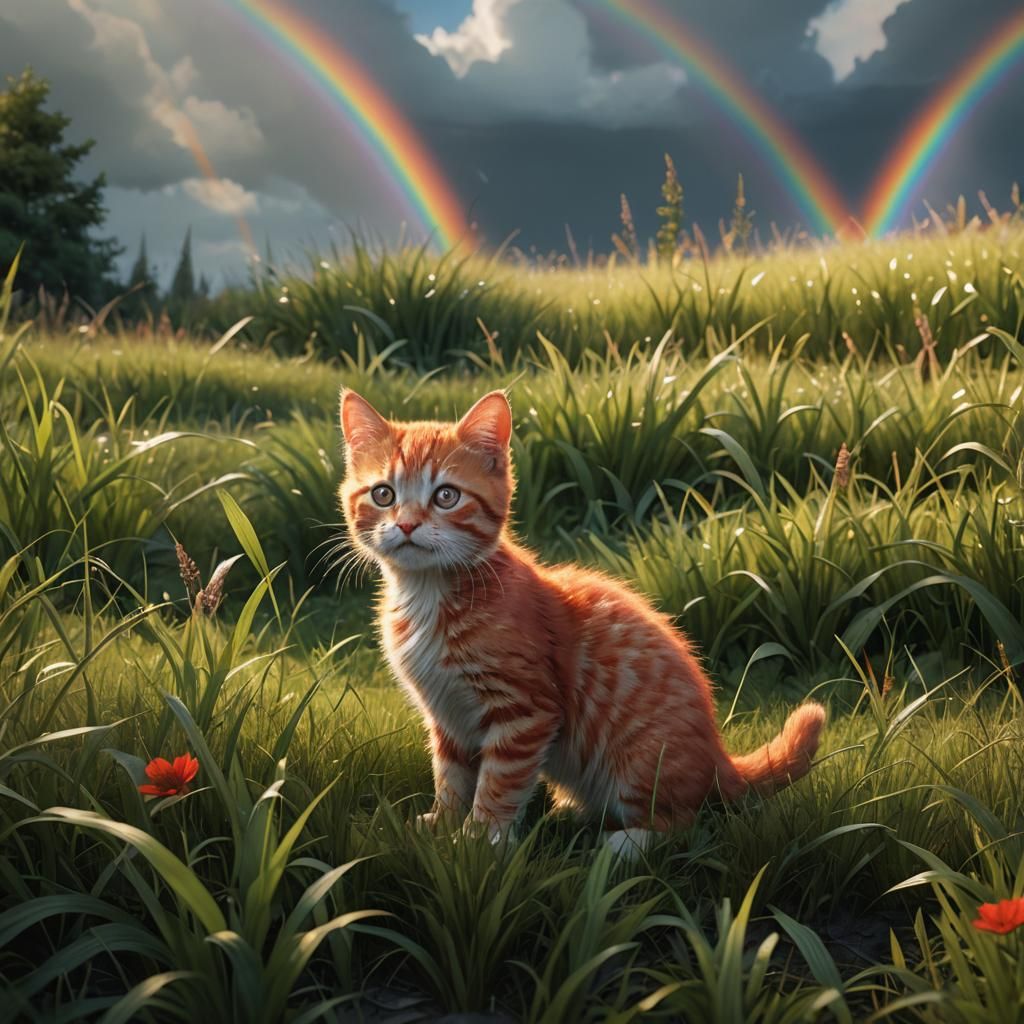 Red Kitten Under Rainbow: Fantasy Concept Art