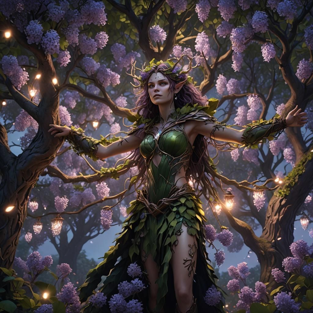 Dryad Emerges from Lilac Tree at Night