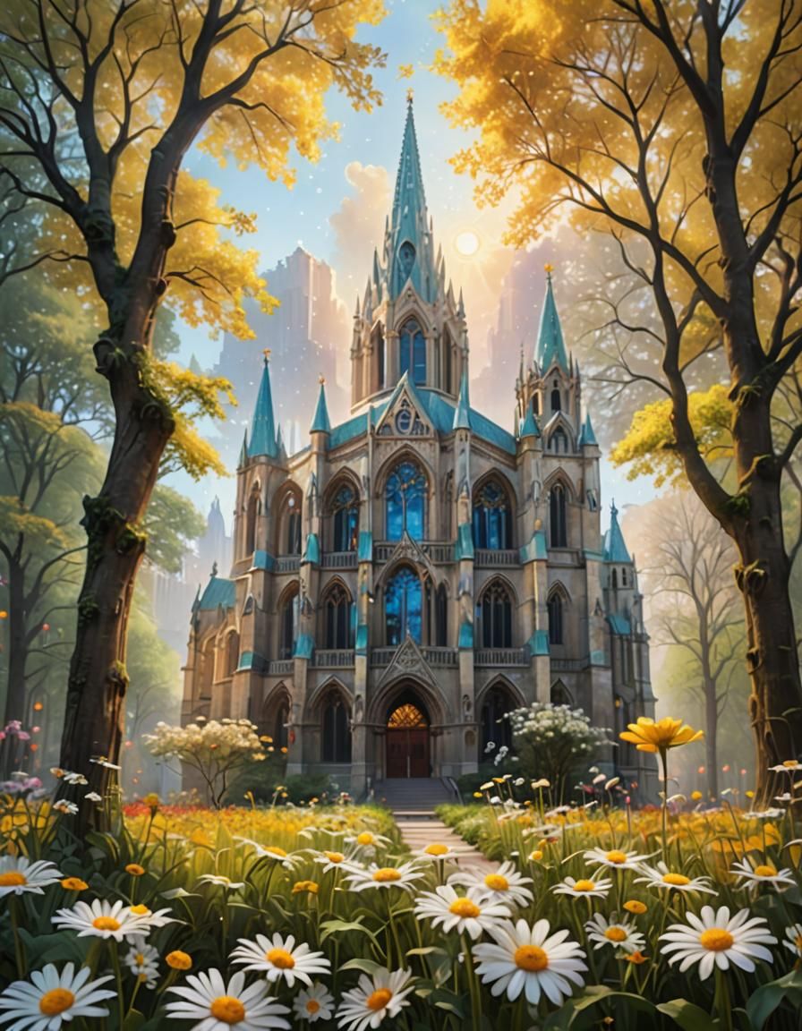 Ethereal Cathedral with Daisy in Dreamy Digital Art