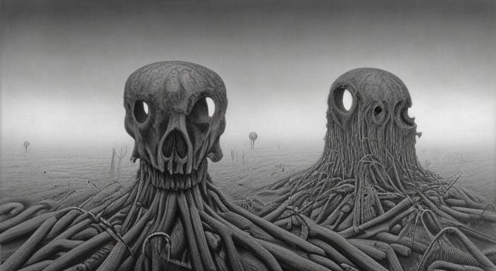 Eerie Surreal Landscape with Skulls and Crystal Towers