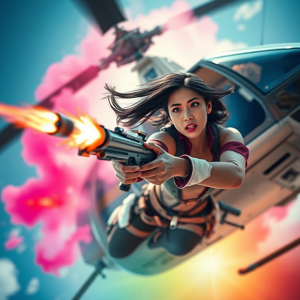 Asian Woman Descends from Futuristic Helicopter