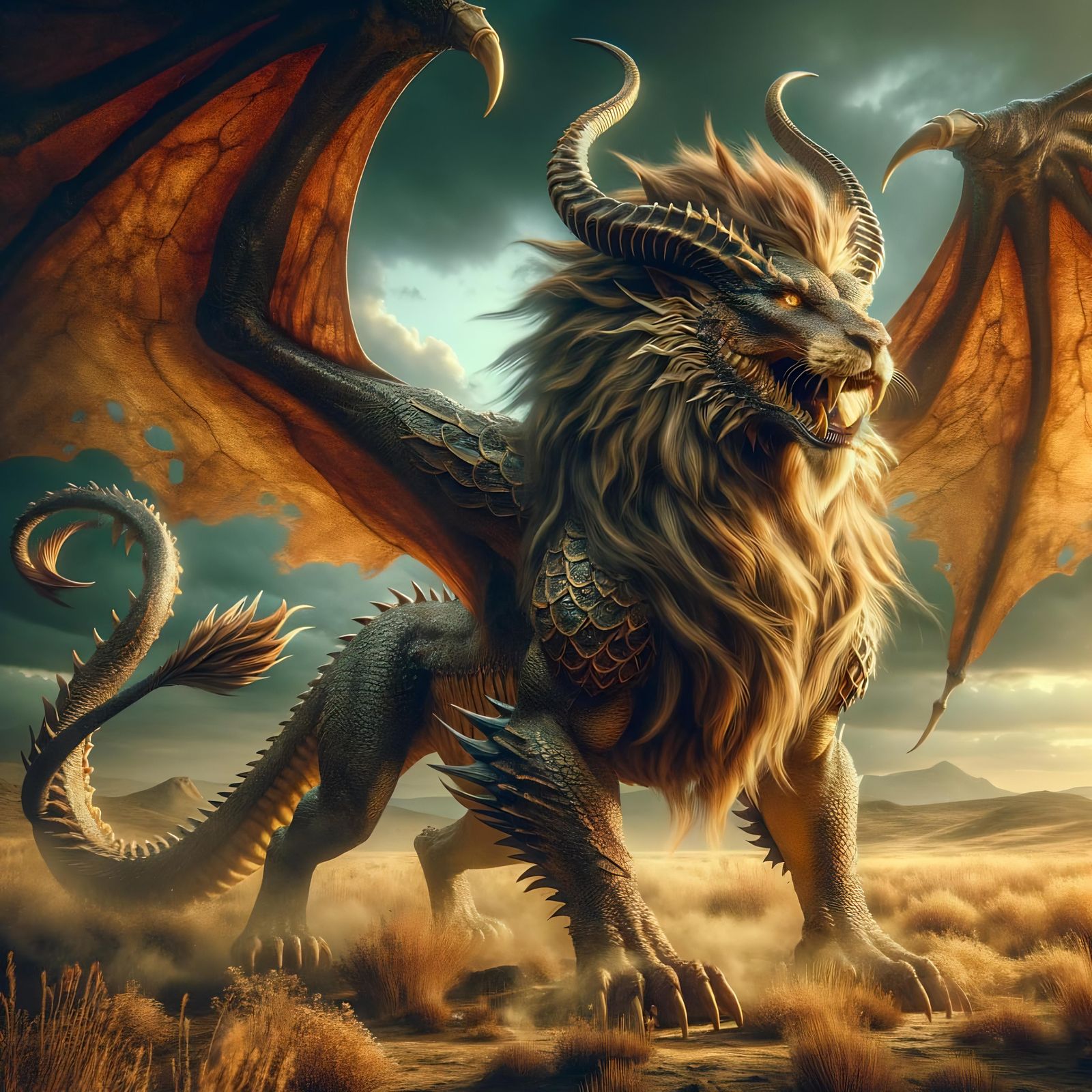 Majestic Dragonne Soaring Over Arid Landscape