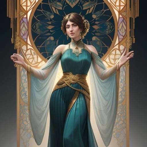 Elegant Woman in Golden Light, Wearing Intricately Pleated P...