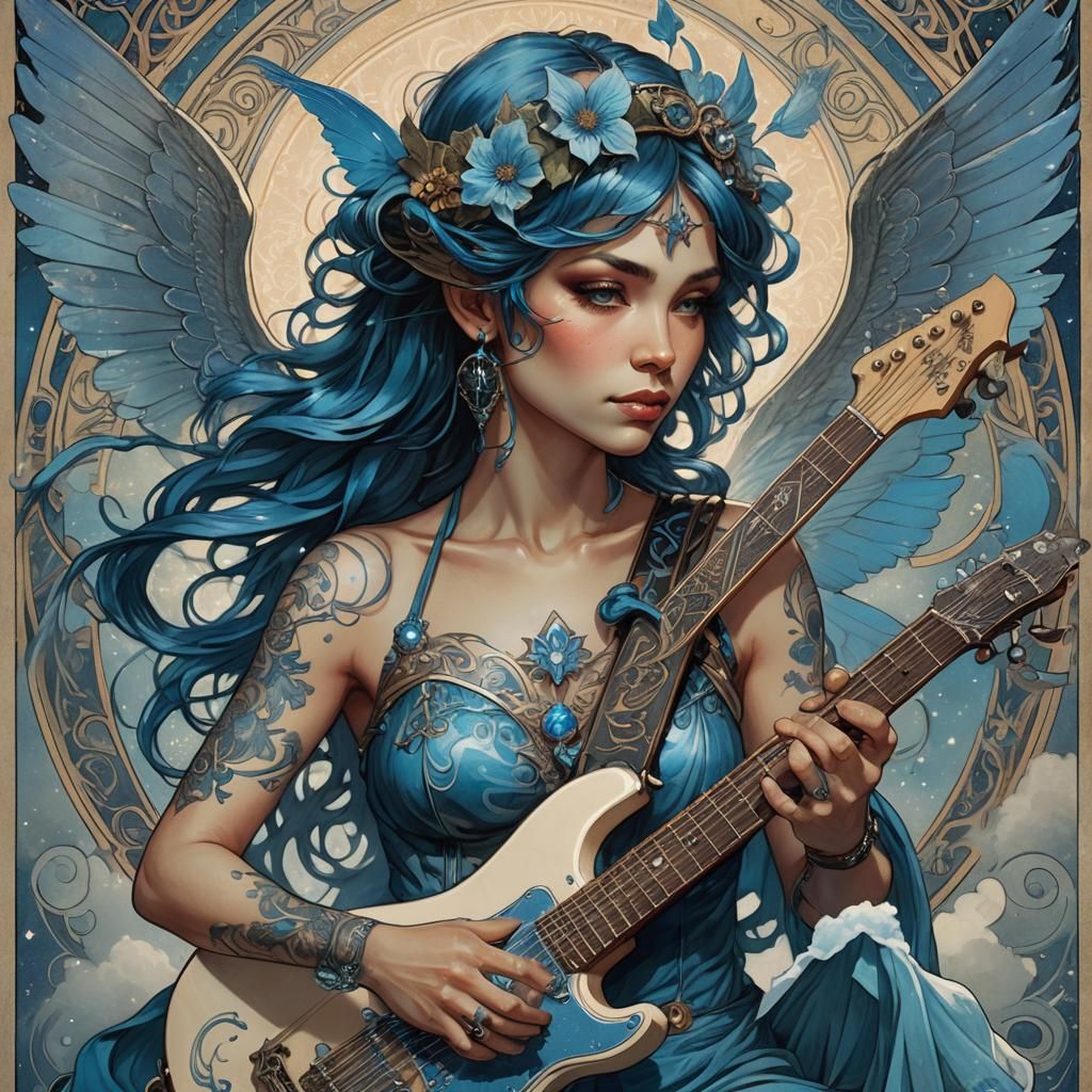 Tattooed Fairy with Guitar in Art Nouveau Style