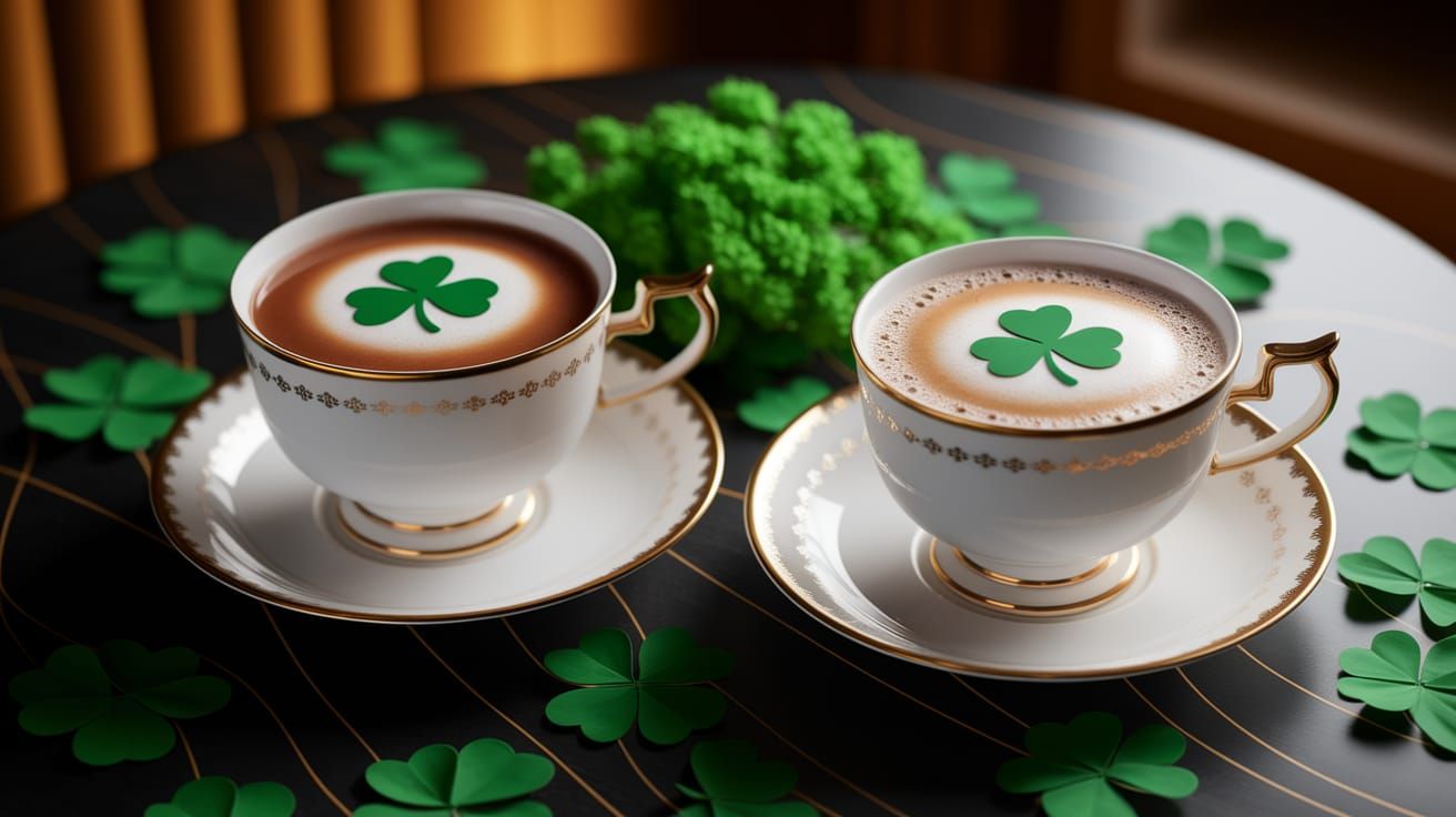St. Patrick's Day Teacups with Shamrock Lattes in Warm Light...