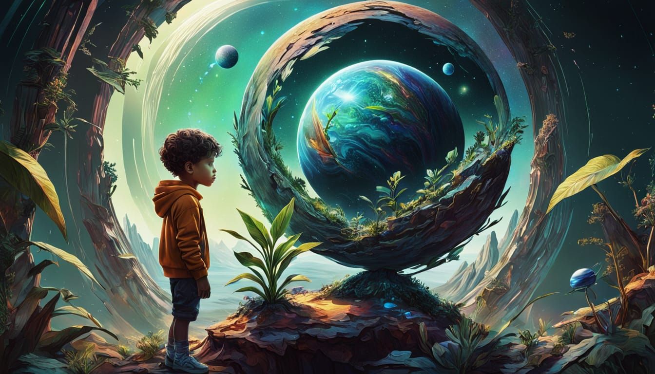 Boy and Broken Planet: Holographic Cosmic Illustration
