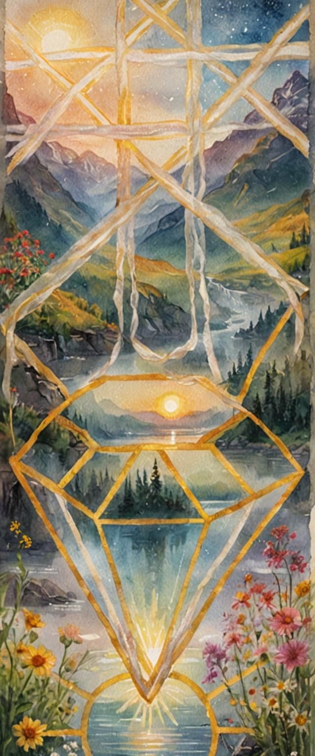 Ethereal Watercolor River Scene with Celestial Elements