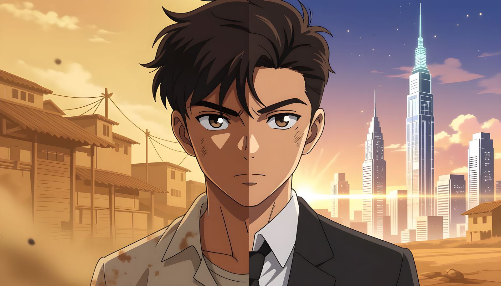Determined Young Man in Split Reality Anime Poster