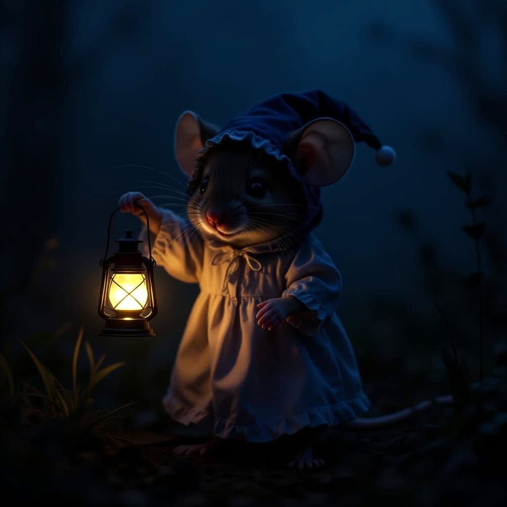 Adorable Mouse Lantern Bearer in Foggy Darkness