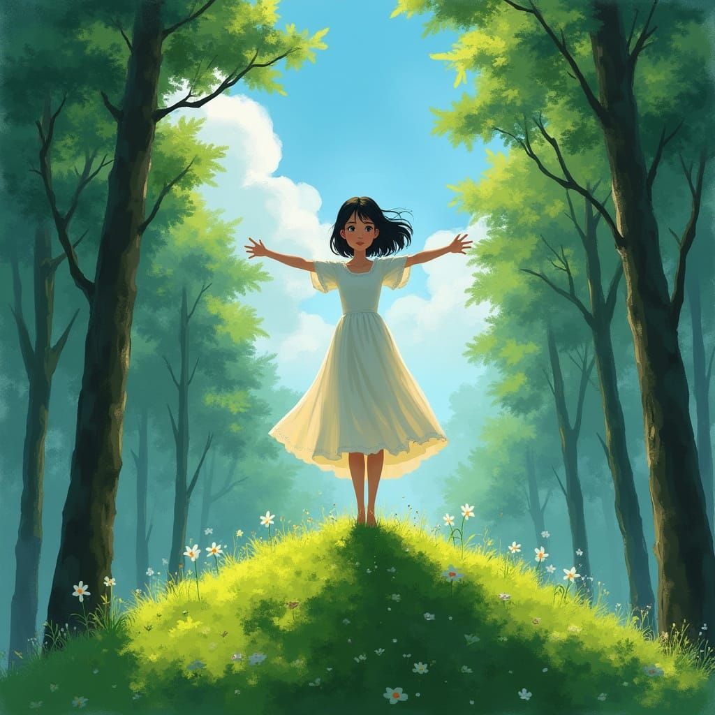Girl on Hill in Dreamy Whimsical Style