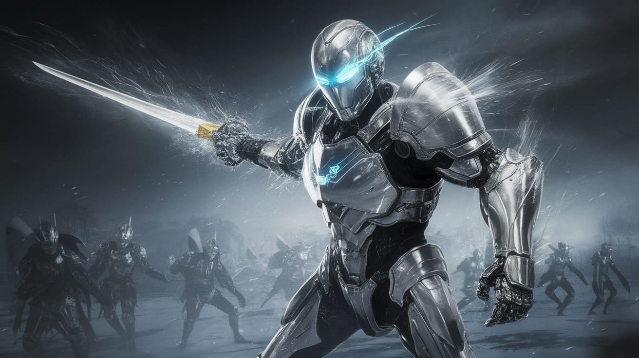Cybernetic Knight Charges Through Frosty Battle Field