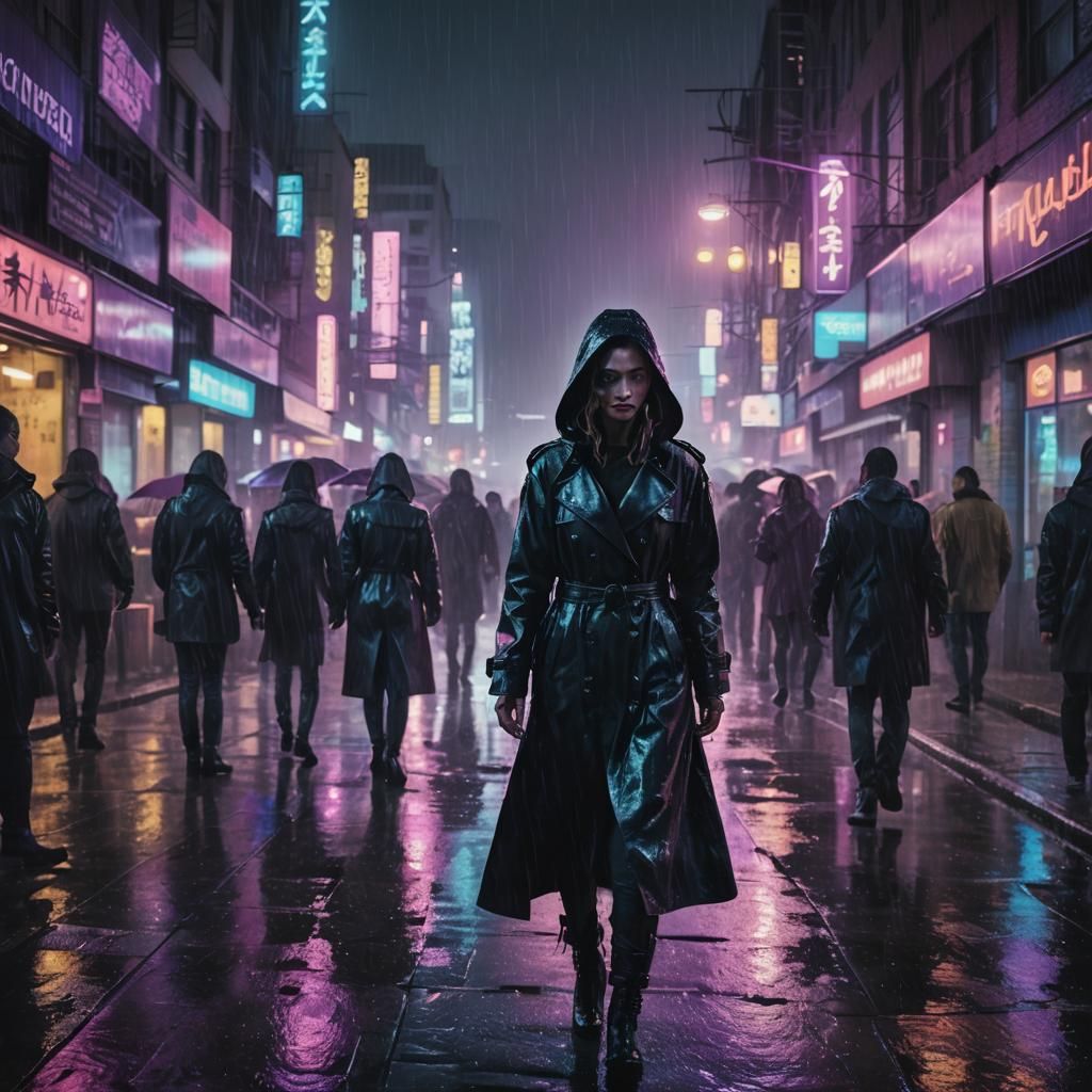 Cyberpunk Woman in Rainy Dystopian Cityscape