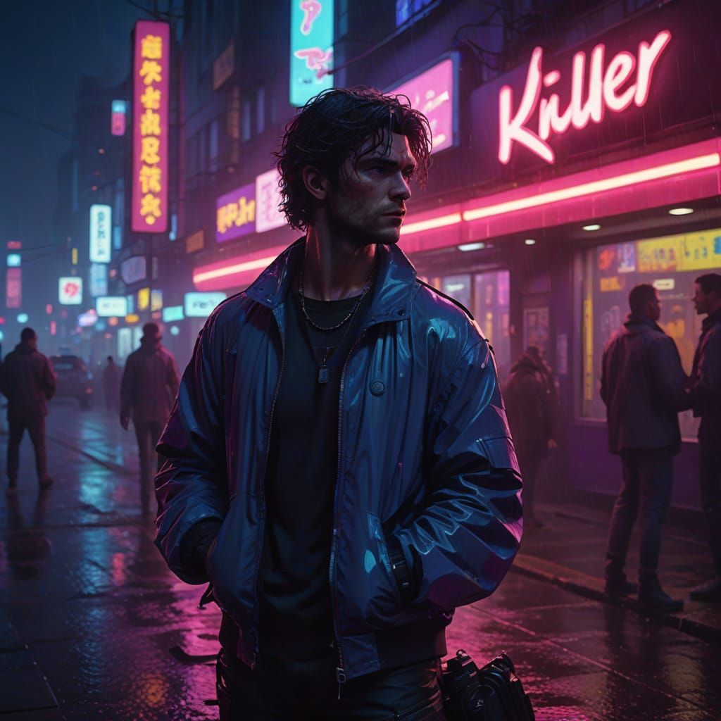 Cyberpunk Warrior in Neon Noir City
