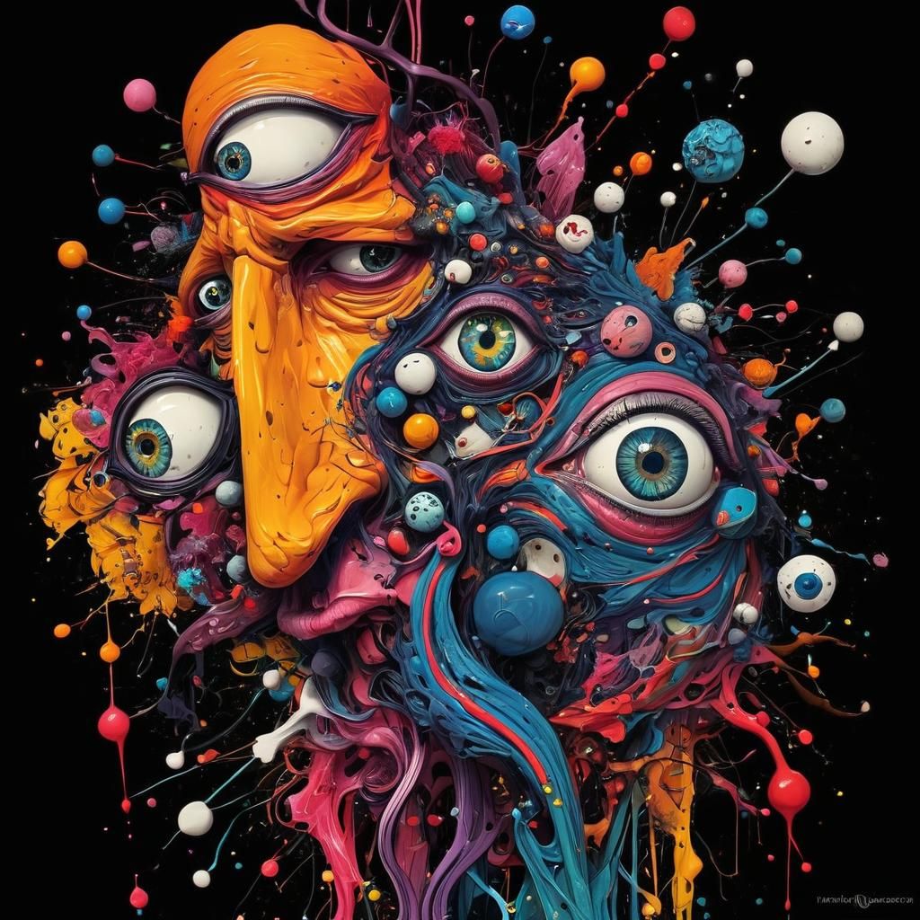 Surreal Anime Artwork with Abstract Faces and Vibrant Colors