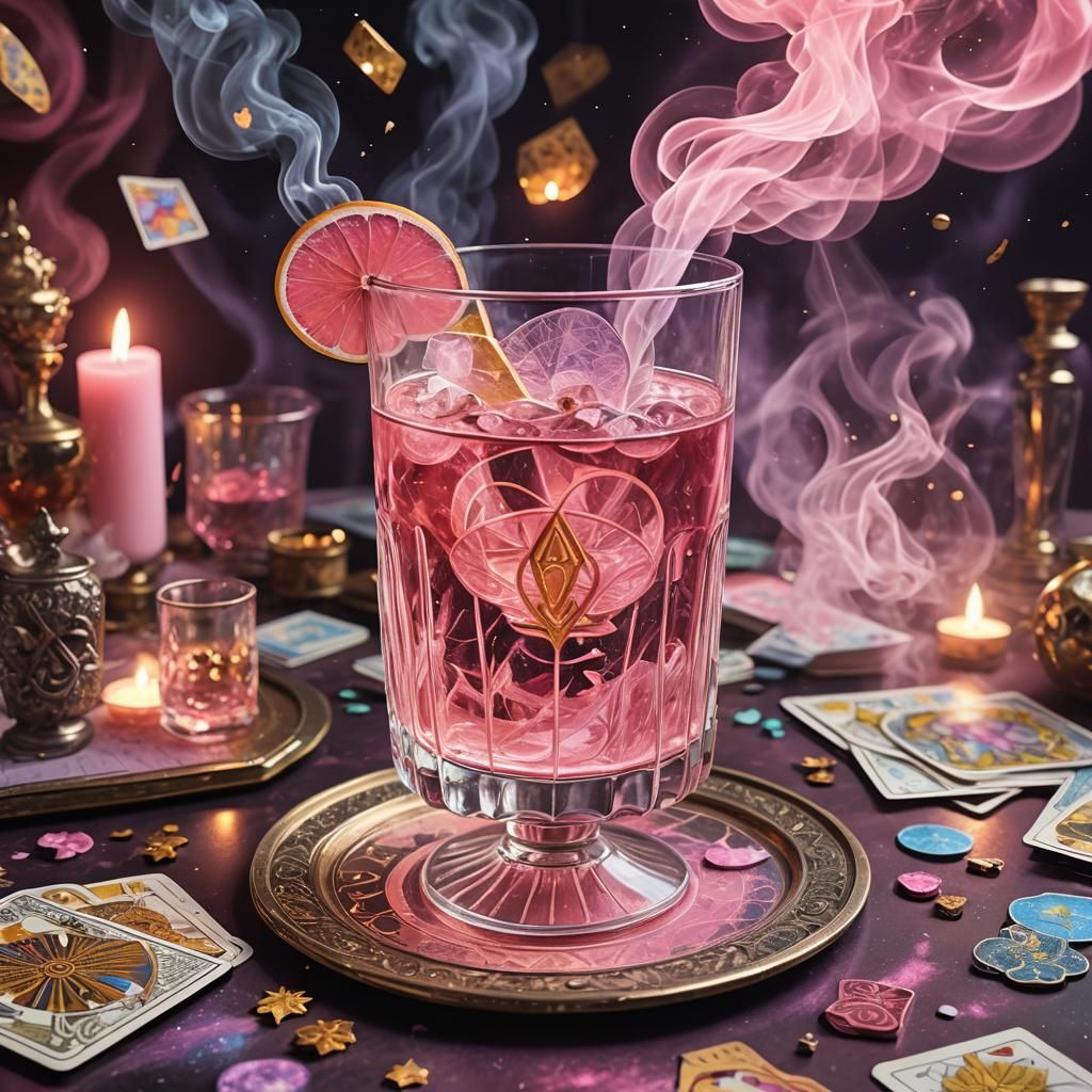 Pink Drink with Tarot Cards in Cosmic Style