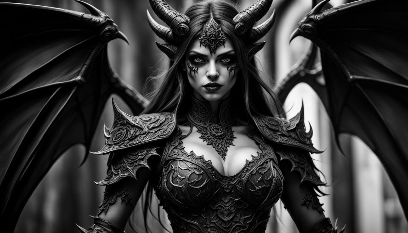 Monochrome Demongirl Portrait in Hyperrealistic Style