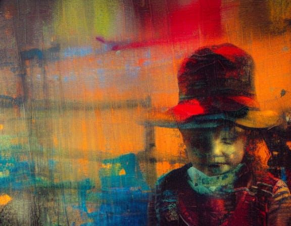 Child Holds Creepy Crayon Drawing in Grunge Oil Painting