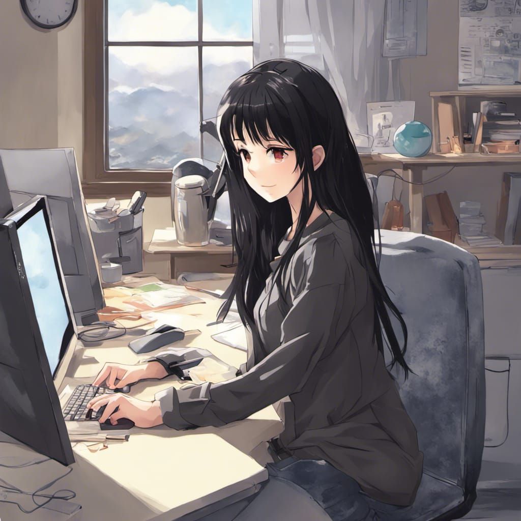 Anime Girl at Computer in the Morning