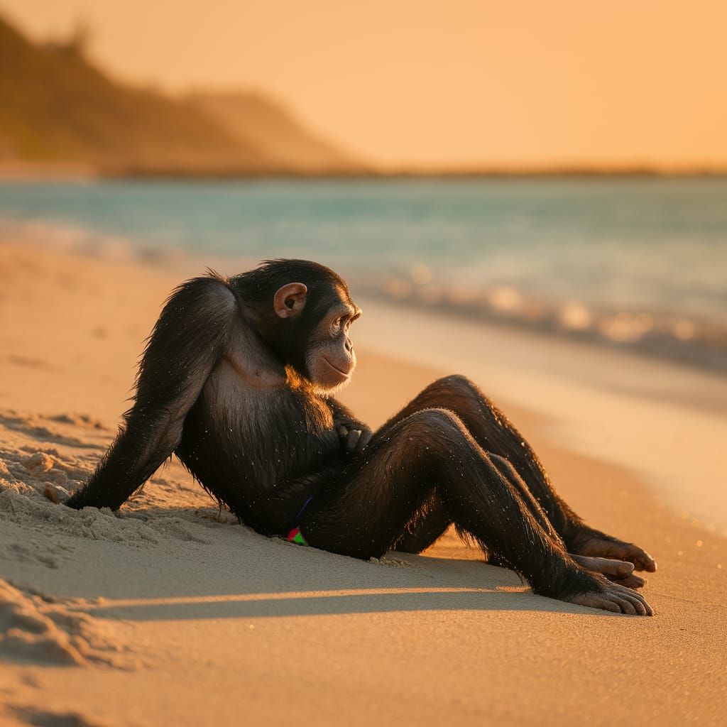 Chimpanzee Newlyweds Enjoying Beach in Golden Sunlight