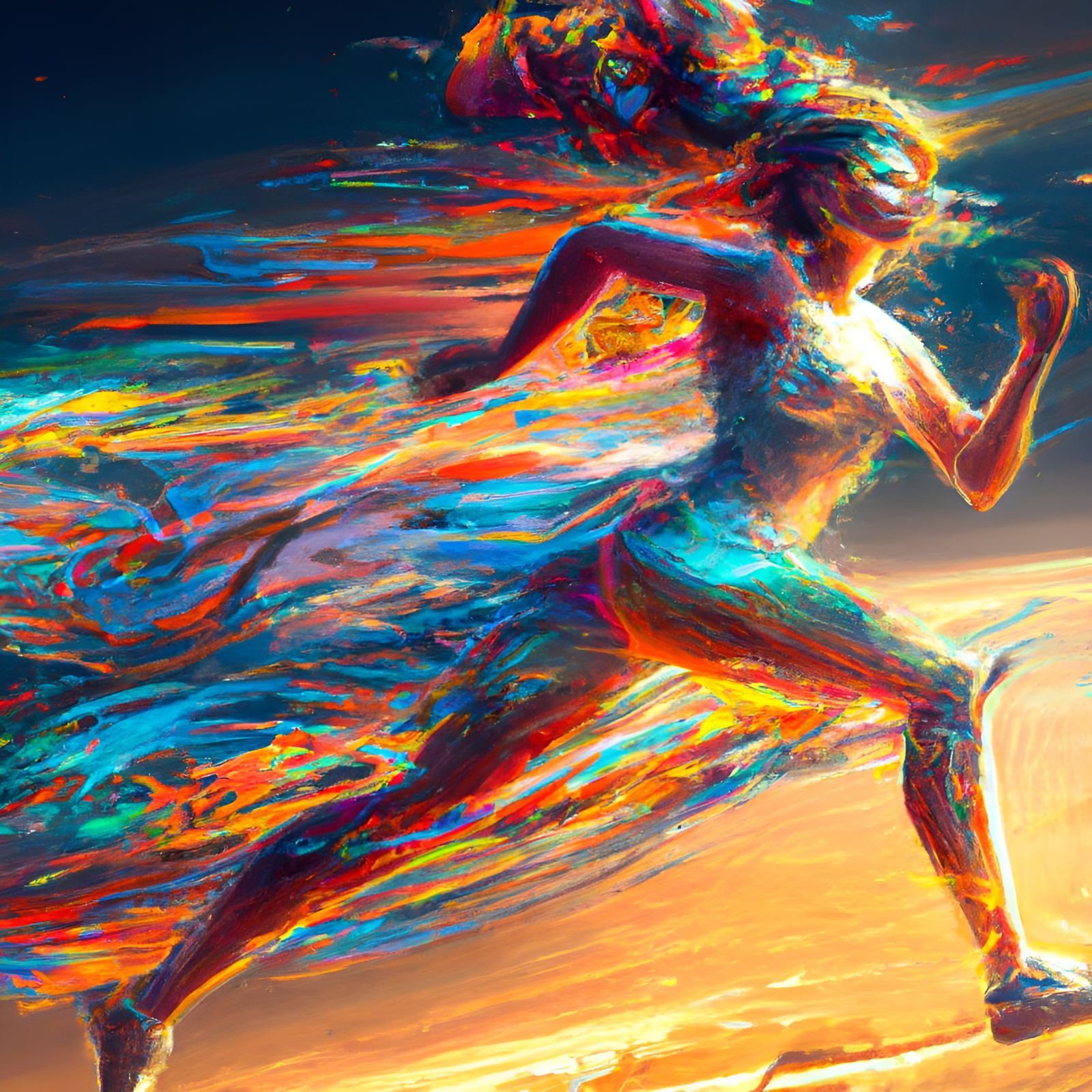 Person Running with Rainbow Light Splashes