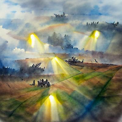 Rays of light shining down on a battlefield