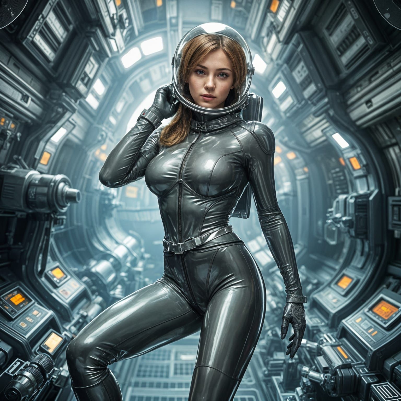 Hyperrealistic Woman in Tight Latex Spacesuit